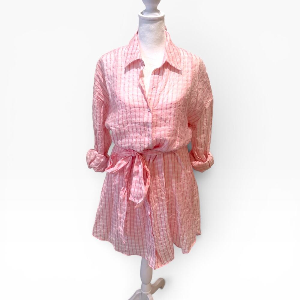 ENGLISH FACTORY Pink Gingham Belted Shirt Dress Button Front Medium NWT - Picture 2 of 5